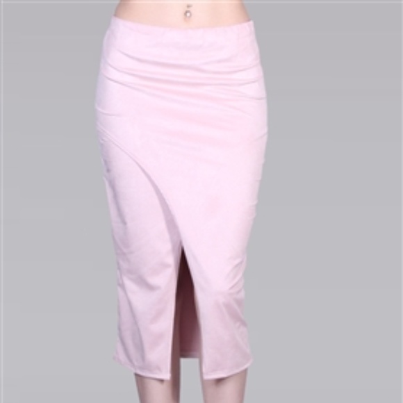 Madrag Medium Blush Faux Suede Elastic Waist Front Slit Straight Pencil Skirt - Picture 6 of 6